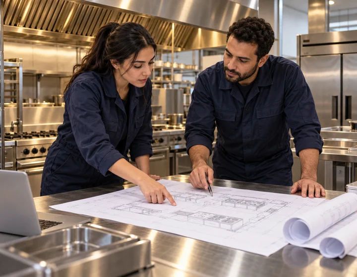 Illustration de deux spécialistes échangeant autour d’un plan de cuisine professionnelle
